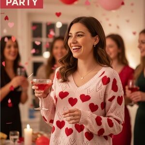 SHEIN Heart Patterned Party Sweater - Pink & Red